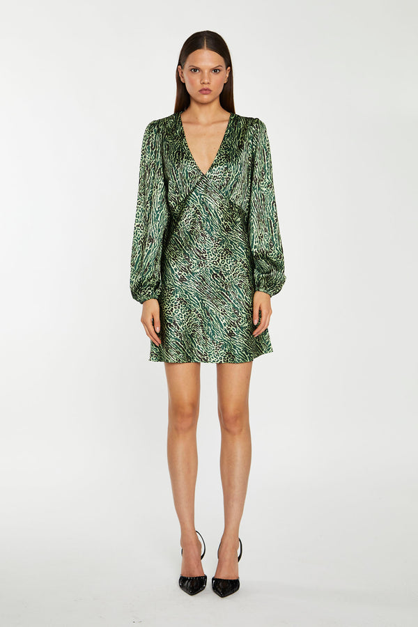 glamorous Green-Black Animal V-Neck Puff-Sleeve Mini-Dress