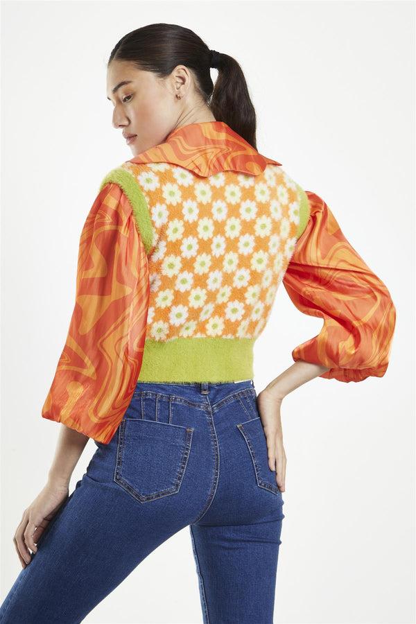 Glamorous Green-Orange Multi-Flower V-Neck Knitted-Vest