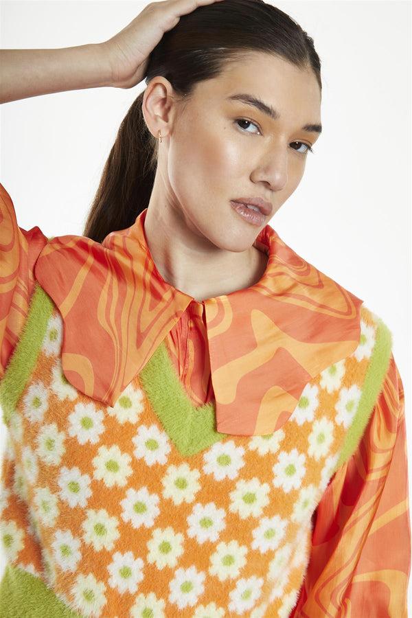 Glamorous Green-Orange Multi-Flower V-Neck Knitted-Vest