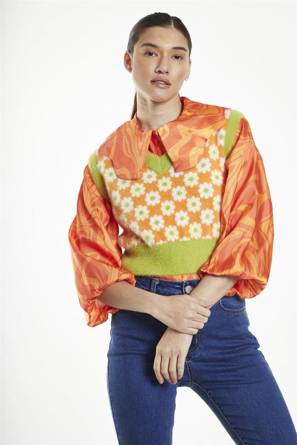 Glamorous Green-Orange Multi-Flower V-Neck Knitted-Vest