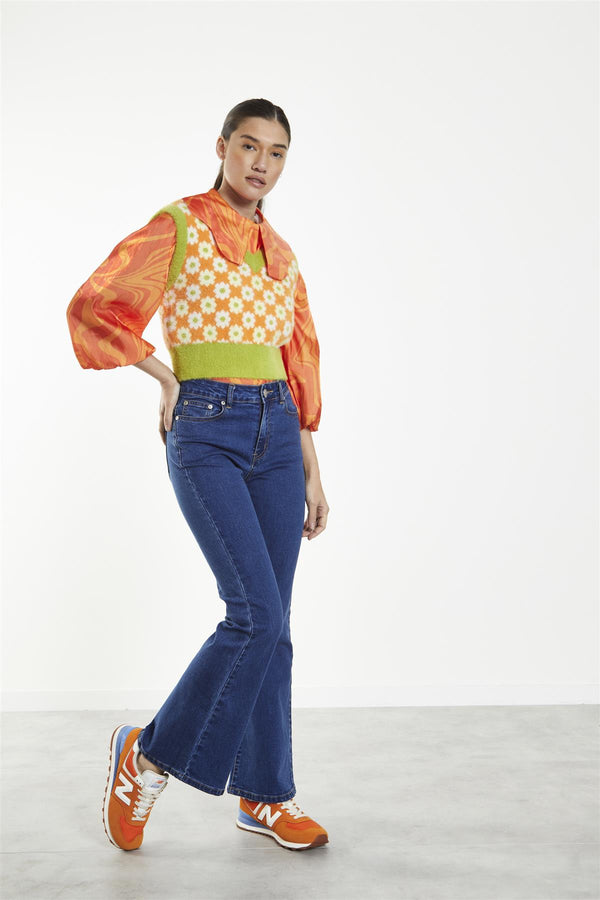 glamorous Green-Orange Multi-Flower V-Neck Knitted-Vest