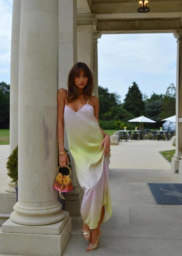 glamorous Green-Pink Ombre Straight-Fit Cami Maxi-Dress