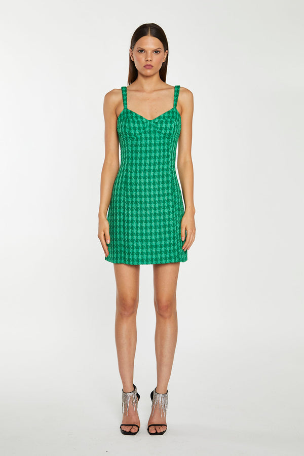 glamorous Green Tonal Houndstooth Tailored Mini-Dress
