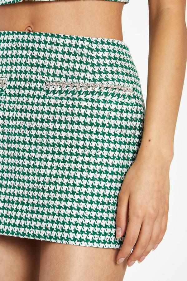Glamorous Green-White Houndstooth Diamante Trim Mini-Skirt