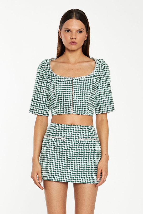 glamorous Green-White Houndstooth Diamante Trim Mini-Skirt