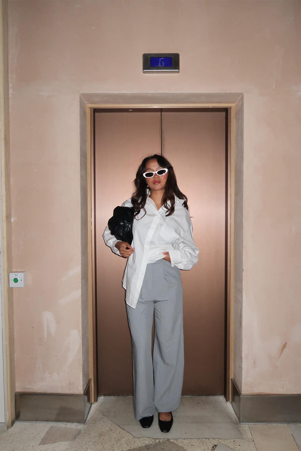 glamorous Grey Pinstripe Wide-Leg Straight-Trousers