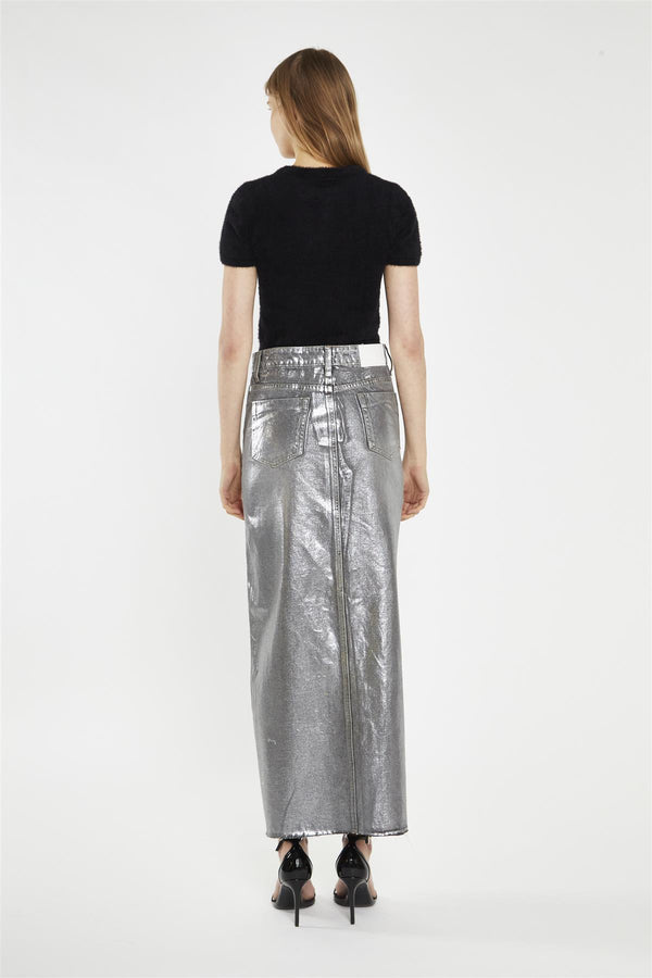 Glamorous Grey Silver-Foil Denim Split-Front Midi-Skirt
