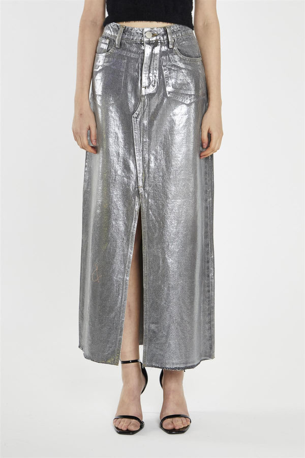 Glamorous Grey Silver-Foil Denim Split-Front Midi-Skirt