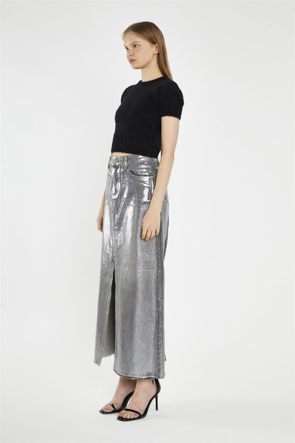 Glamorous Grey Silver-Foil Denim Split-Front Midi-Skirt