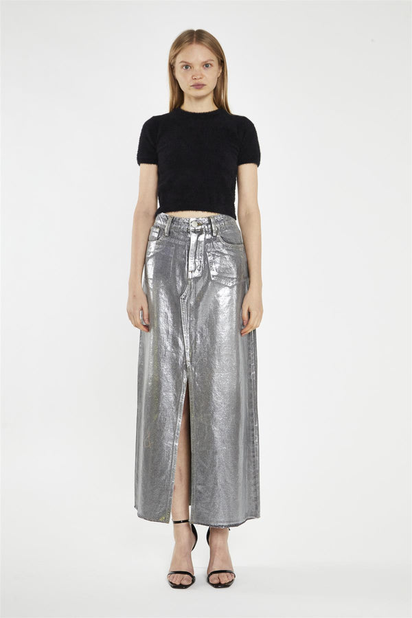 glamorous Grey Silver-Foil Denim Split-Front Midi-Skirt