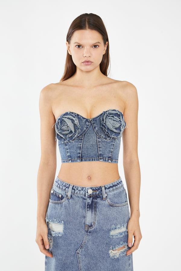 Glamorous Heavy-Vintage Wash Denim Corsage Crop-Top
