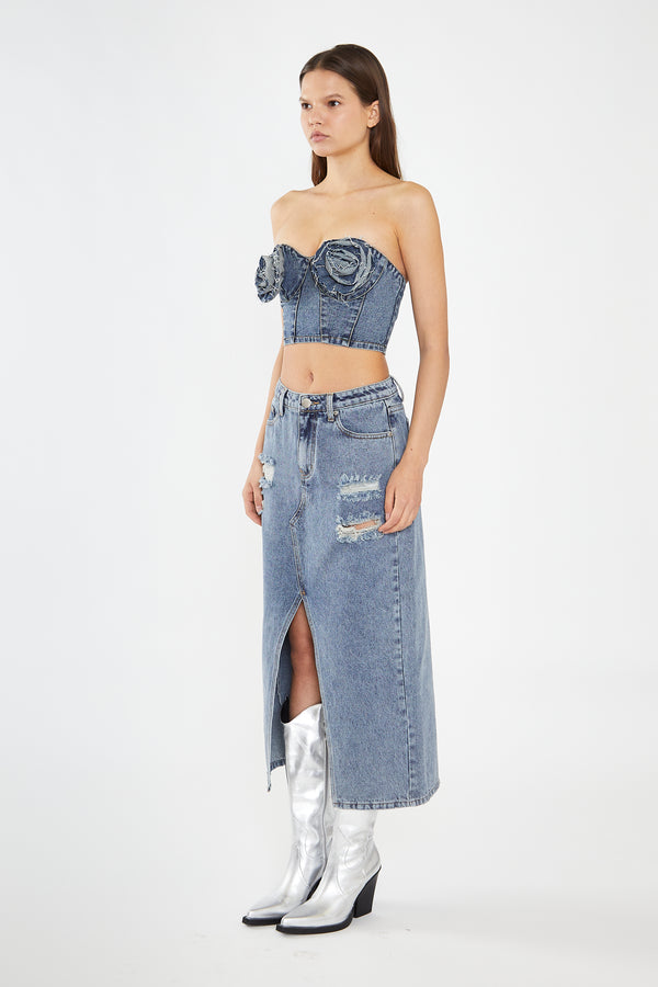 Glamorous Heavy-Vintage Wash Denim Corsage Crop-Top