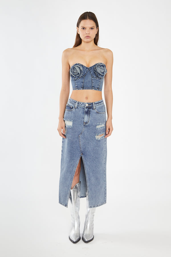 glamorous Heavy-Vintage Wash Denim Corsage Crop-Top