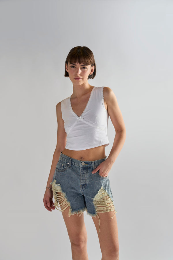 Glamorous Heavy Vintage-Wash Distressed Denim Shorts