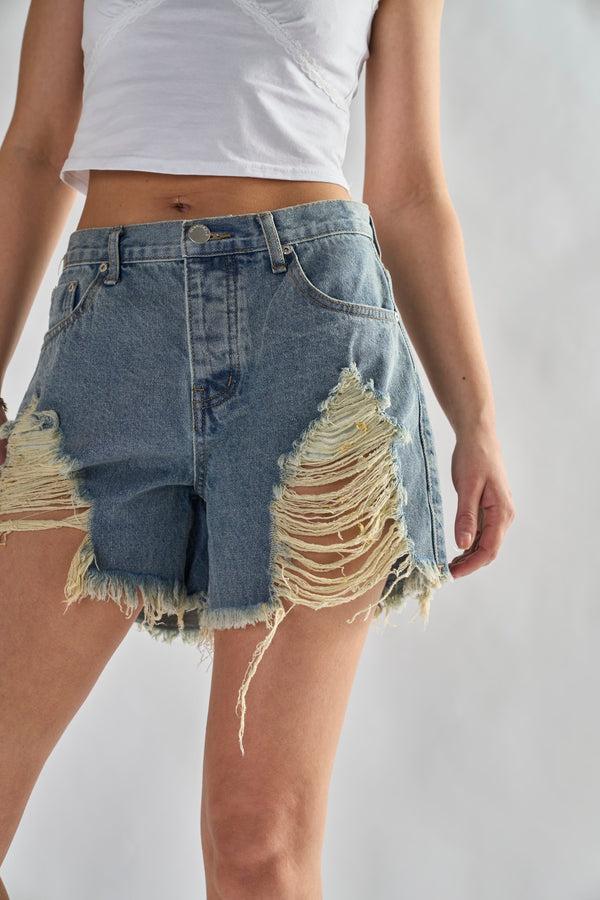 Glamorous Heavy Vintage-Wash Distressed Denim Shorts