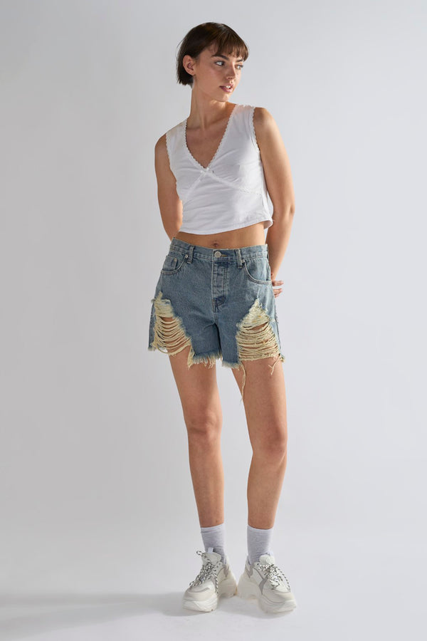 Glamorous Heavy Vintage-Wash Distressed Denim Shorts