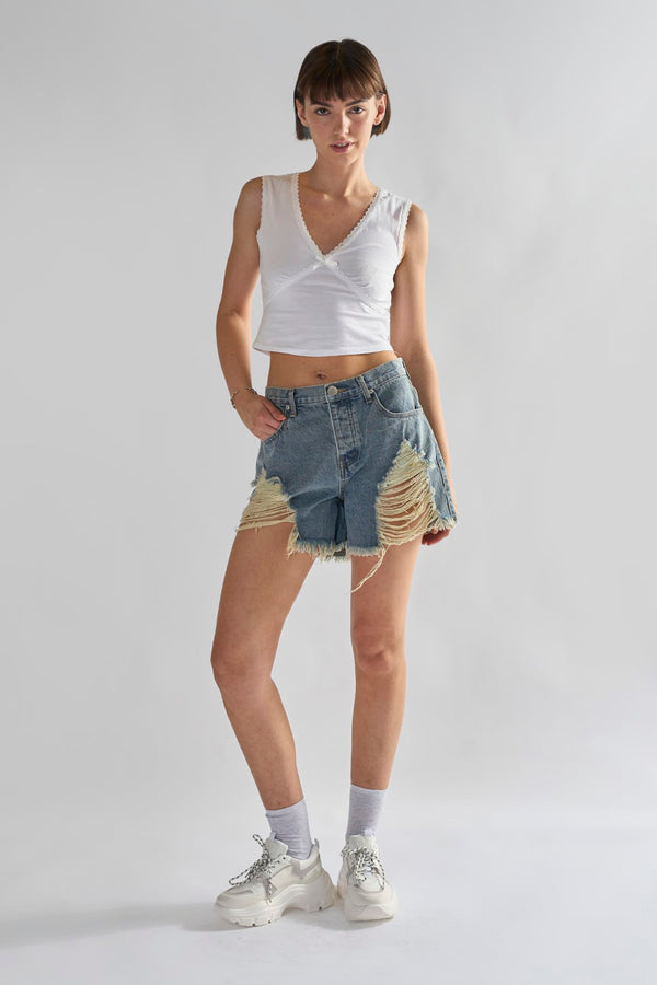 glamorous Heavy Vintage-Wash Distressed Denim Shorts