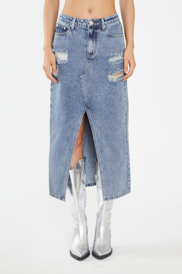 Glamorous Heavy-Vintage Wash Front-Split Distressed Denim Midi-Skirt