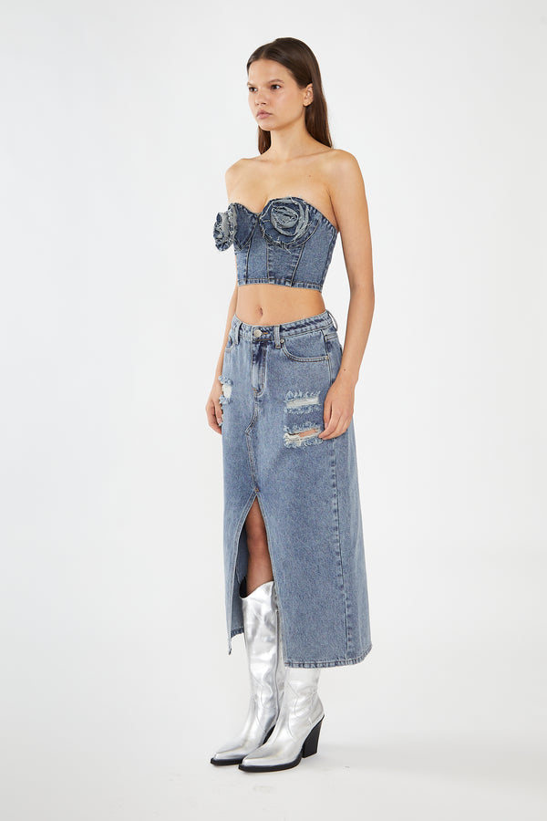 Glamorous Heavy-Vintage Wash Front-Split Distressed Denim Midi-Skirt