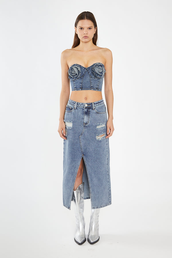 glamorous Heavy-Vintage Wash Front-Split Distressed Denim Midi-Skirt