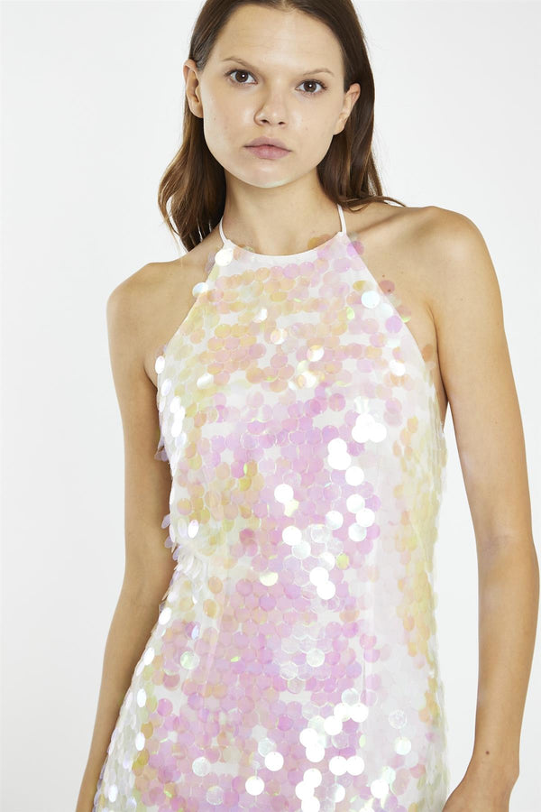 glamorous Iridescent Large-Sequin Lace-Up Halterneck Mini-Dress