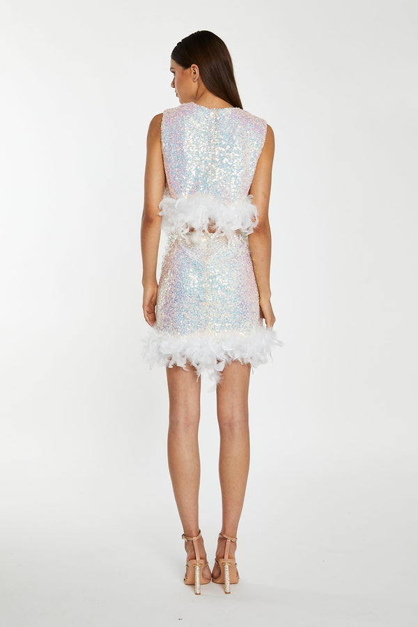 Glamorous Iridescent-Sequin White Feather Trim Crop-Top