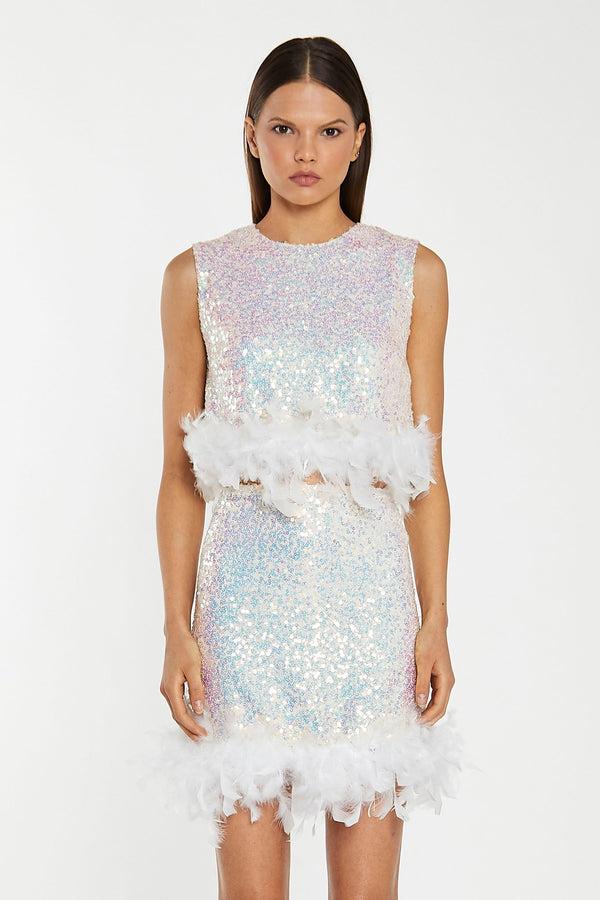 Glamorous Iridescent-Sequin White Feather Trim Crop-Top