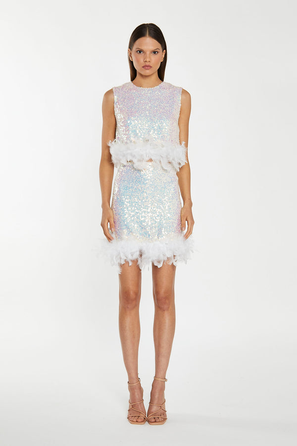 Glamorous Iridescent-Sequin White Feather Trim Crop-Top