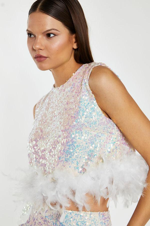 glamorous Iridescent-Sequin White Feather Trim Crop-Top