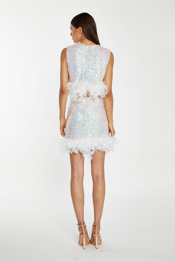 Glamorous Iridescent-Sequin White Feather Trim Mini-Skirt