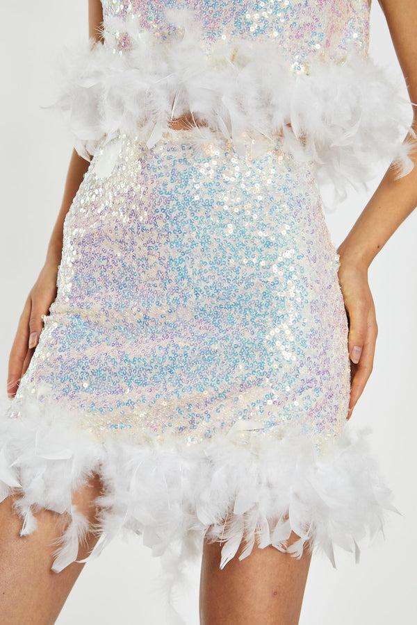Glamorous Iridescent-Sequin White Feather Trim Mini-Skirt