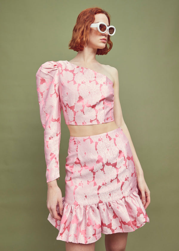 Glamorous Joanna Co-ord Asymmetric Puff Sleeve Crop Top -Neon-Pink Jacquard