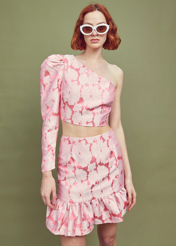 glamorous Joanna Co-ord Asymmetric Puff Sleeve Crop Top -Neon-Pink Jacquard