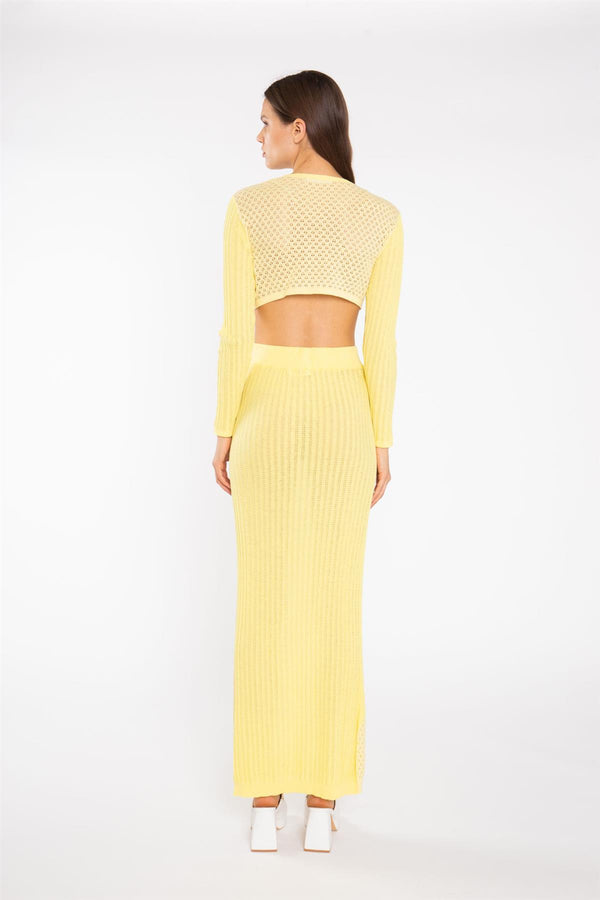 Glamorous Lemon-Yellow Mix Knit Lace-Up Front Crop-Top