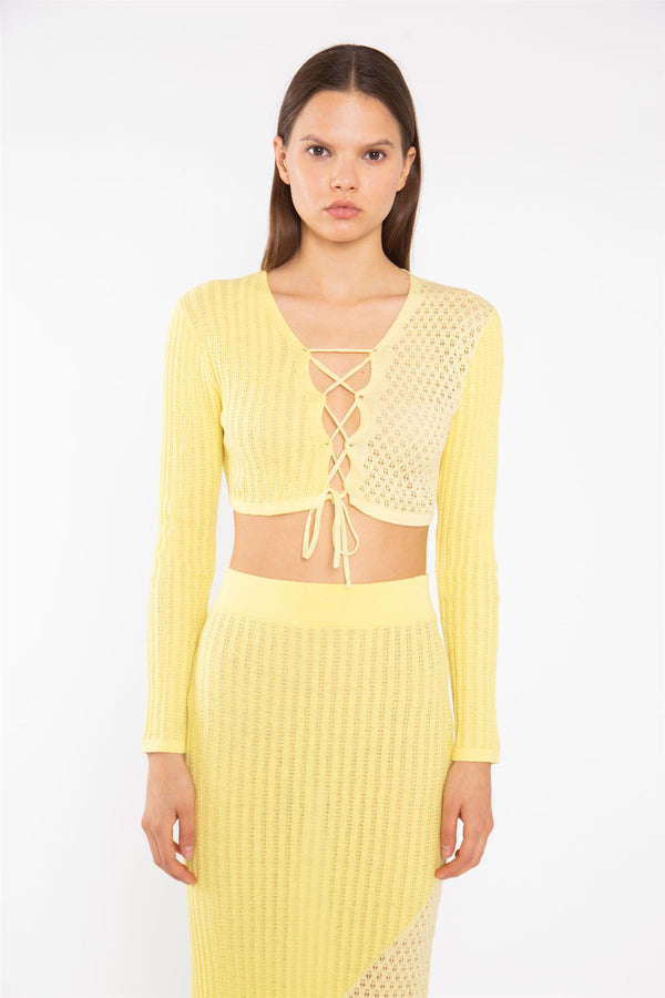 Glamorous Lemon-Yellow Mix Knit Lace-Up Front Crop-Top