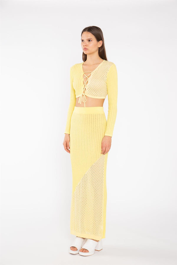 Glamorous Lemon-Yellow Mix Knit Lace-Up Front Crop-Top