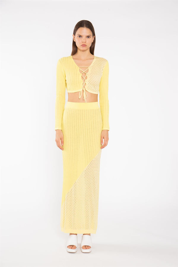 glamorous Lemon-Yellow Mix Knit Lace-Up Front Crop-Top