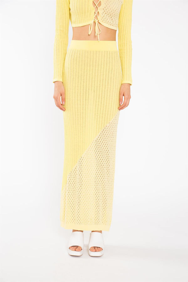 Glamorous Lemon-Yellow Mix Knit Straight Maxi-Skirt