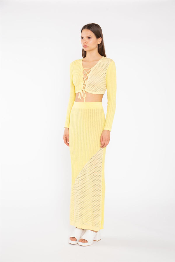 Glamorous Lemon-Yellow Mix Knit Straight Maxi-Skirt