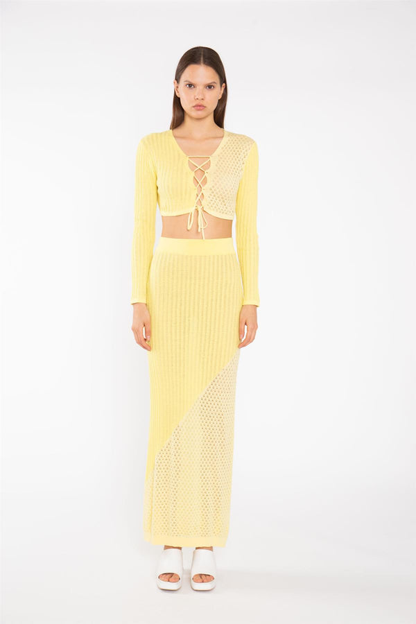 glamorous Lemon-Yellow Mix Knit Straight Maxi-Skirt