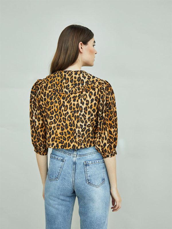 Glamorous Leopard Print Long Sleeve High Neck Crop Top