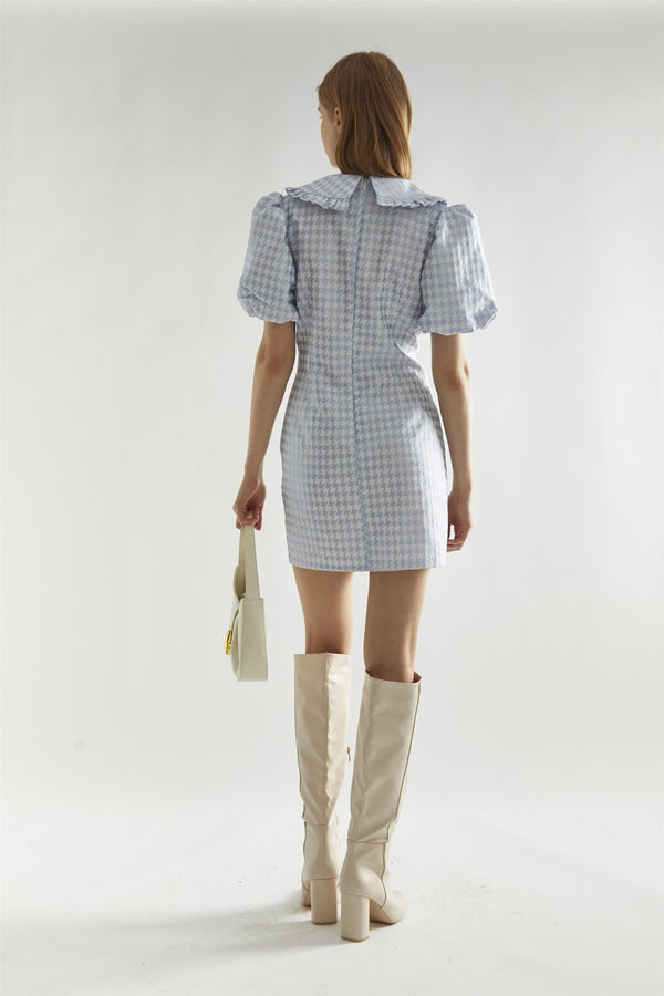 Glamorous Light-Blue Houndstooth Statement-Collar Mini-Dress