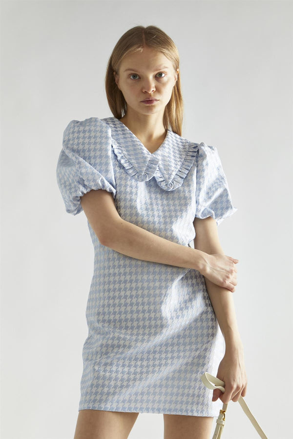 Glamorous Light-Blue Houndstooth Statement-Collar Mini-Dress