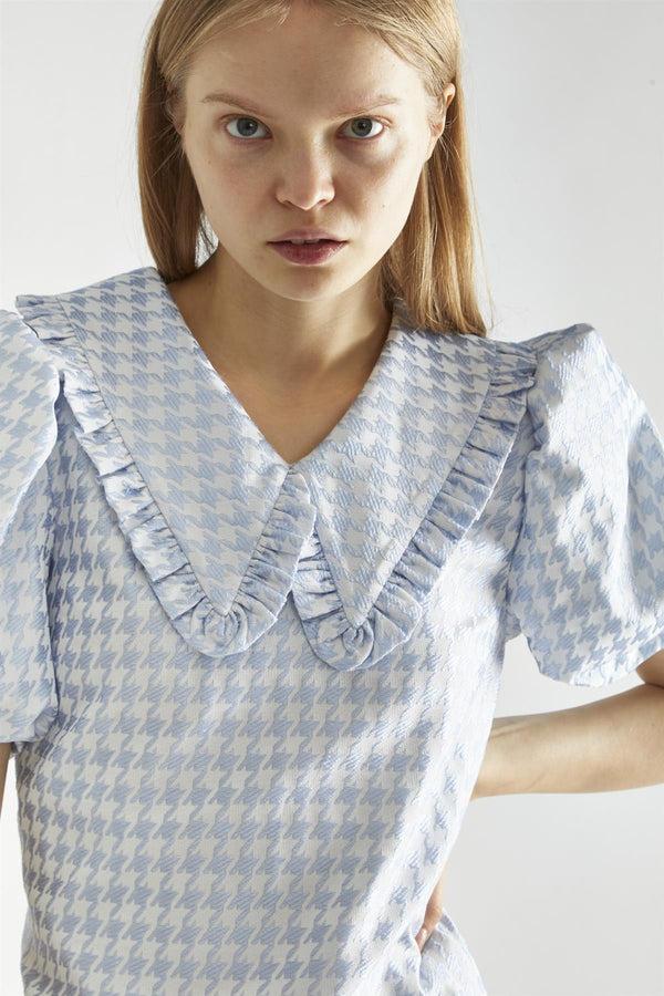 Glamorous Light-Blue Houndstooth Statement-Collar Mini-Dress