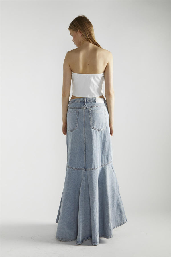 Glamorous Light Stonewash Denim Fishtail Maxi-Skirt