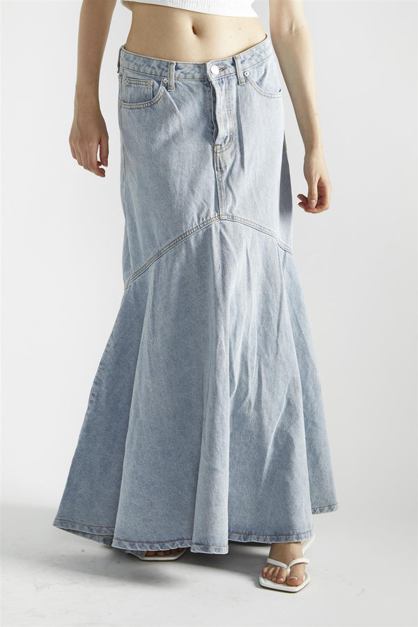 Glamorous Light Stonewash Denim Fishtail Maxi-Skirt
