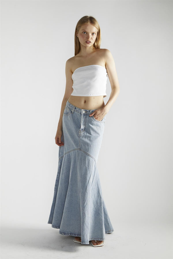 glamorous Light Stonewash Denim Fishtail Maxi-Skirt