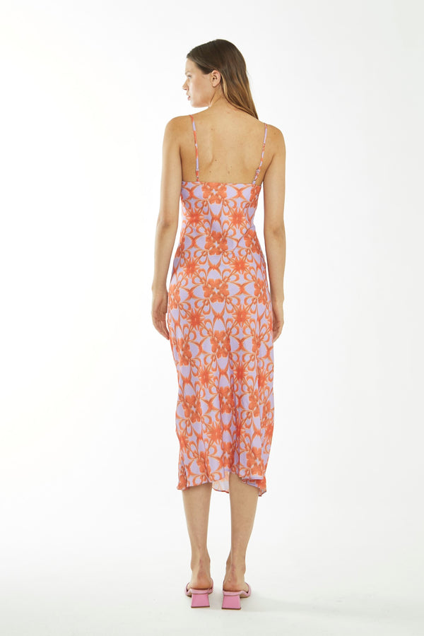Glamorous Lilac-Orange Tribal Print Cowl-Neck Slip Midi-Dress