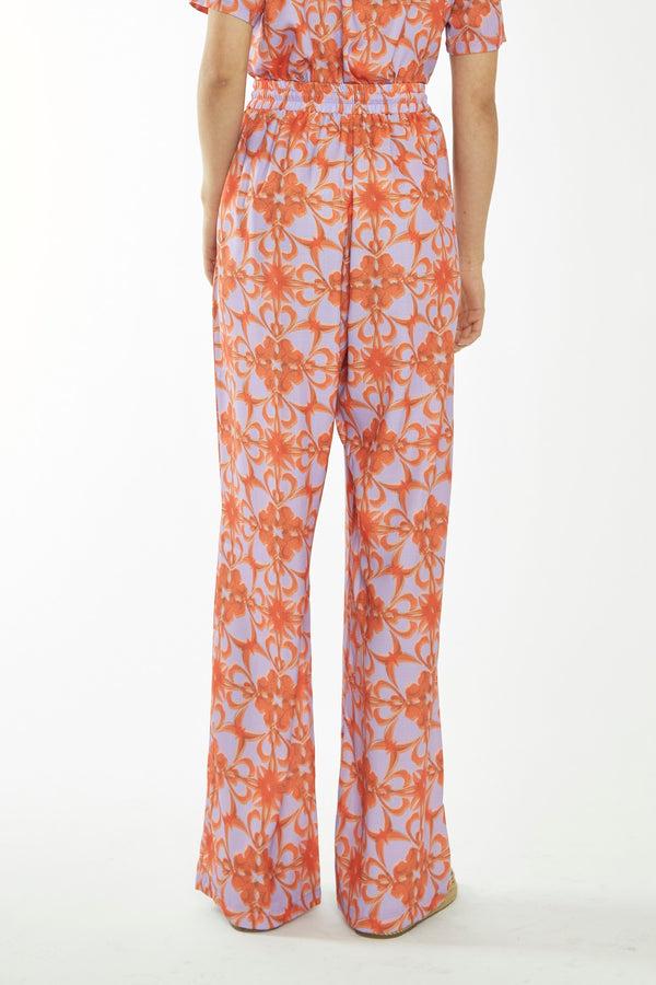Glamorous Lilac-Orange Tribal Print High-Waisted Trousers