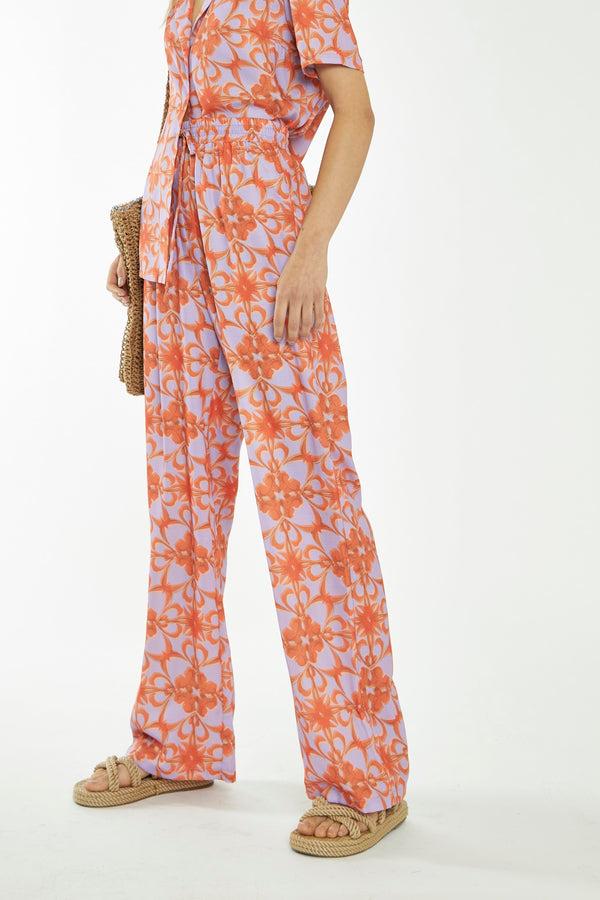 Glamorous Lilac-Orange Tribal Print High-Waisted Trousers